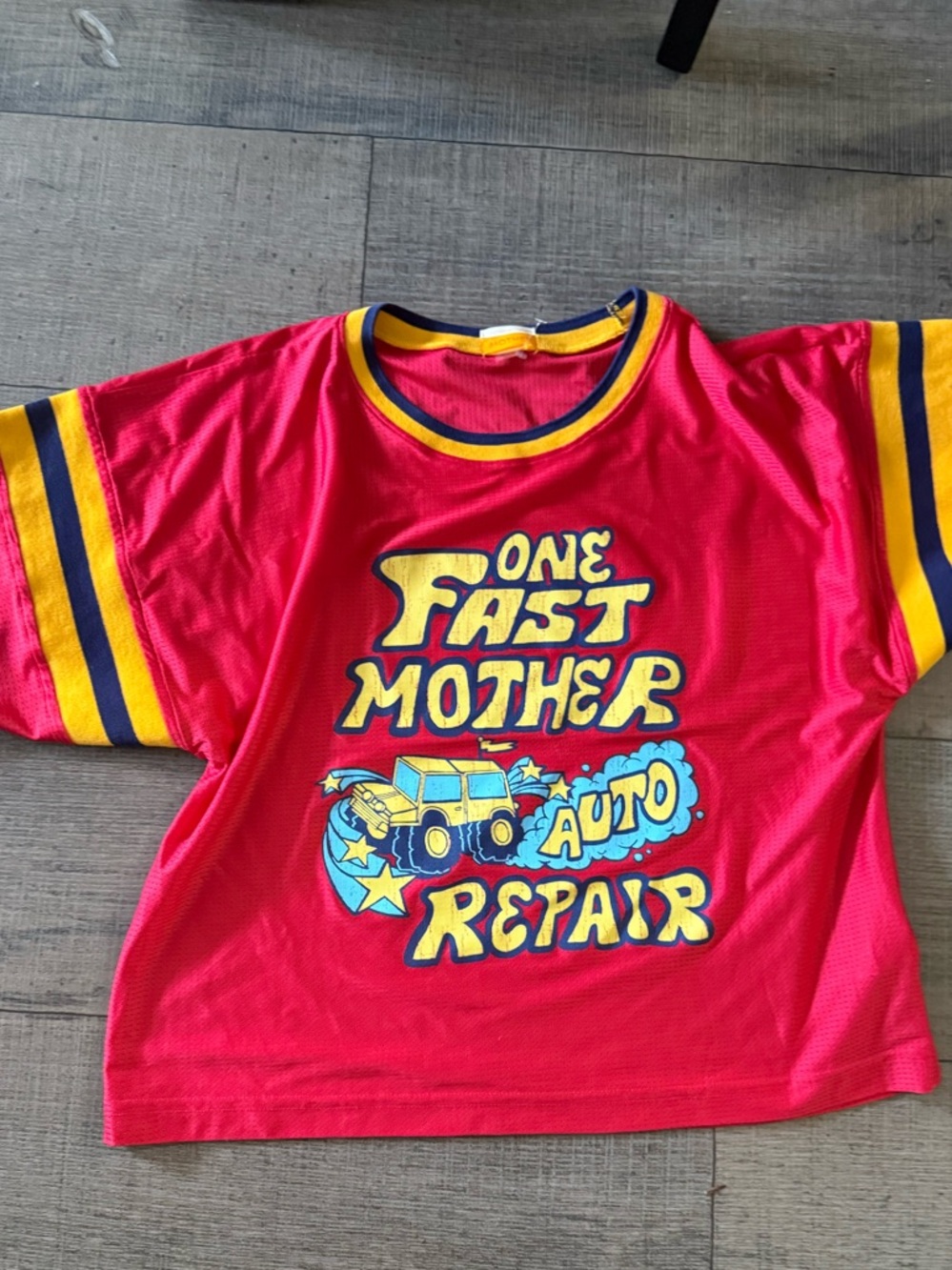 MOTHER Red Jersey Top with Yellow and Blue Trim